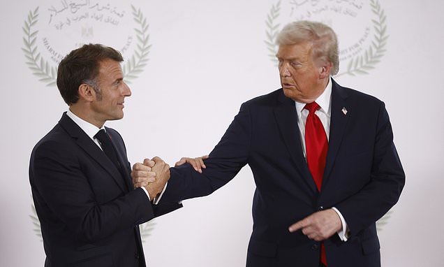 Donald Trump engages in tense and awkward handshake with Emmanuel Macron at Gaza peace summit in Sharm El-Sheikh, Egypt as first phase of Israel-Hamas ceasefire is signed
