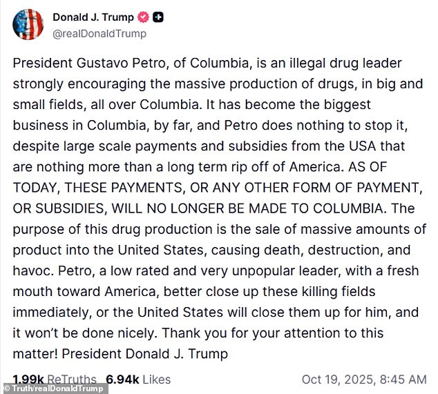Trump Accuses Colombian President Gustavo Petro of Running Illegal Drug Operations and Threatens U.S. Intervention Over Growing Narcotics Problem in Colombia
