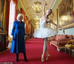 The Queen and Camilla celebrate English National Ballet’s 75th anniversary at Buckingham Palace with principal dancers and supporters in a special performance
