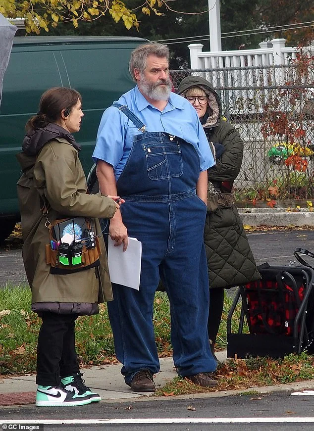David Harbour transforms his appearance with padding and gray hair while filming the true-crime movie Evil Genius in Woodbridge New Jersey