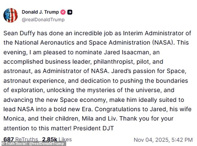Donald Trump rebuilds friendship with Elon Musk as he nominates SpaceX ally Jared Isaacman to lead NASA in Washington