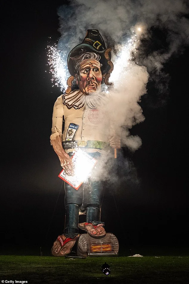 Crowds in Edenbridge watch as Bonfire Society sets alight giant effigy of Prime Minister Sir Keir Starmer during annual Guy Fawkes Night celebrations