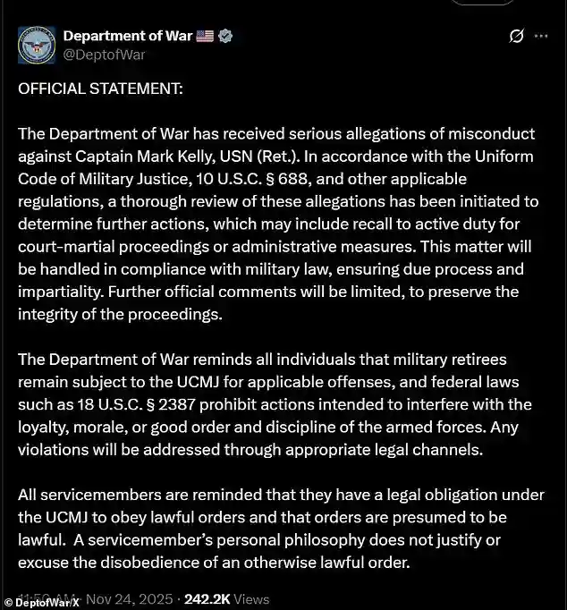 Pentagon Investigates Senator Mark Kelly for Urging Military Personnel to Disobey Orders From Donald Trump in the United States