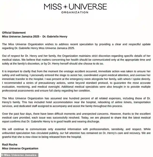 Miss Universe president provides update on Dr. Gabrielle Henry’s health after dramatic onstage fall in Thailand