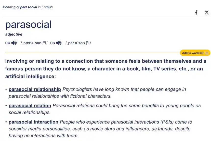 Cambridge Dictionary announces parasocial as the top trending word as emotional fan behaviour intensifies around celebrities in North America and Europe