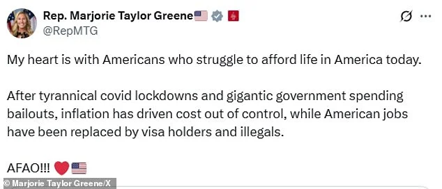 Marjorie Taylor Greene launches AFAO slogan as she breaks with Donald Trump and outlines her domestic priorities in Georgia