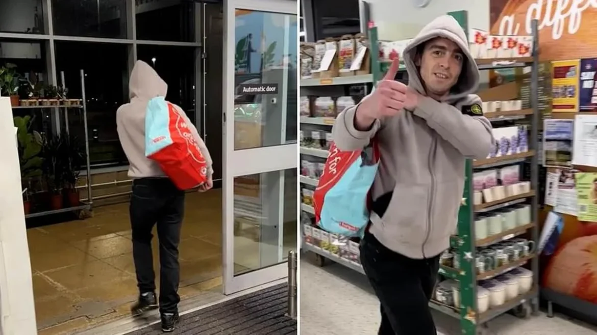 Wayne Wilkes walks out of Sainsbury’s with stolen alcohol while giving mocking thumbs up to staff in Roxburghshire Scotland